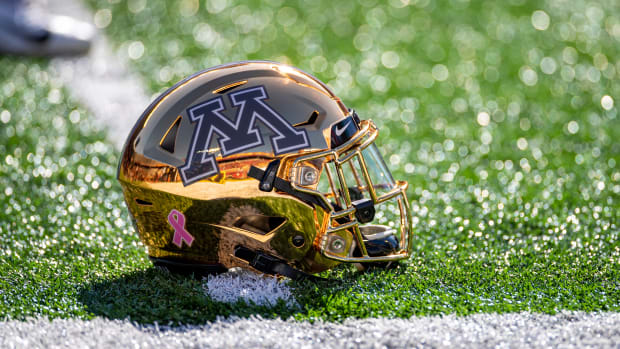 A general view of Minnesota Golden Gophers helmet before a game against the Maryland Terrapins at TCF Bank Stadium.